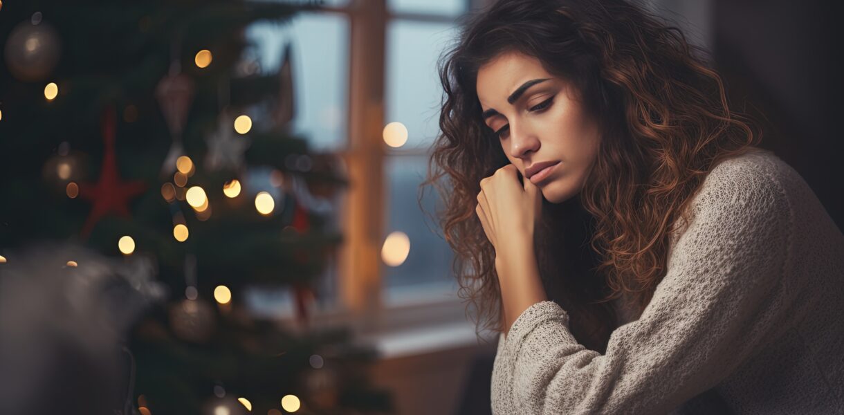 Sad woman sitting in front of a christmas tree