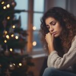 Sad woman sitting in front of a christmas tree