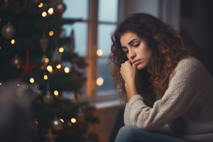 Sad woman sitting in front of a christmas tree