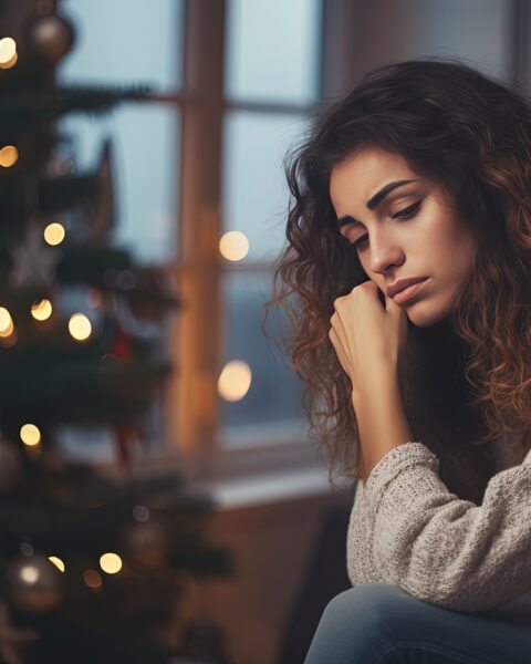 Sad woman sitting in front of a christmas tree