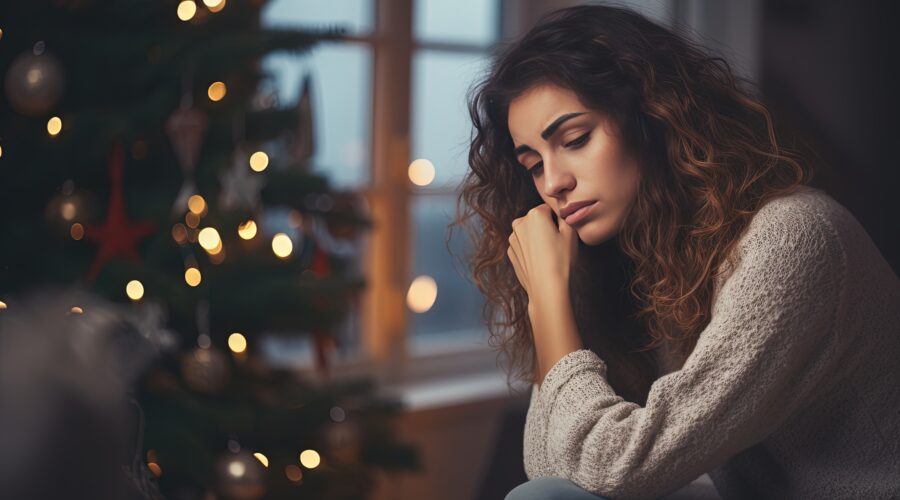 Sad woman sitting in front of a christmas tree