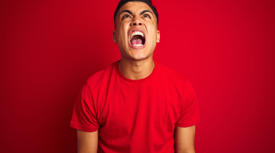 Young brazilian man wearing t-shirt standing over isolated red background angry and mad screaming frustrated and furious, shouting with anger. Rage and aggressive concept.