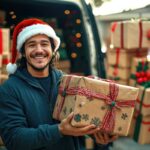 Hispanic young male delivering christmas gifts with joyful expression.Van with christmas gift boxes at the background.