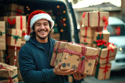 Hispanic young male delivering christmas gifts with joyful expression.Van with christmas gift boxes at the background.