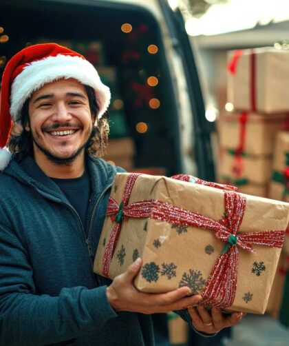 Hispanic young male delivering christmas gifts with joyful expression.Van with christmas gift boxes at the background.