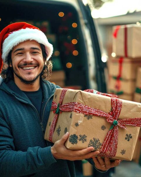 Hispanic young male delivering christmas gifts with joyful expression.Van with christmas gift boxes at the background.