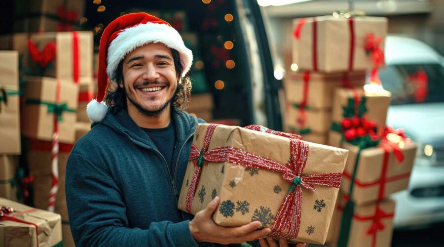 Hispanic young male delivering christmas gifts with joyful expression.Van with christmas gift boxes at the background.