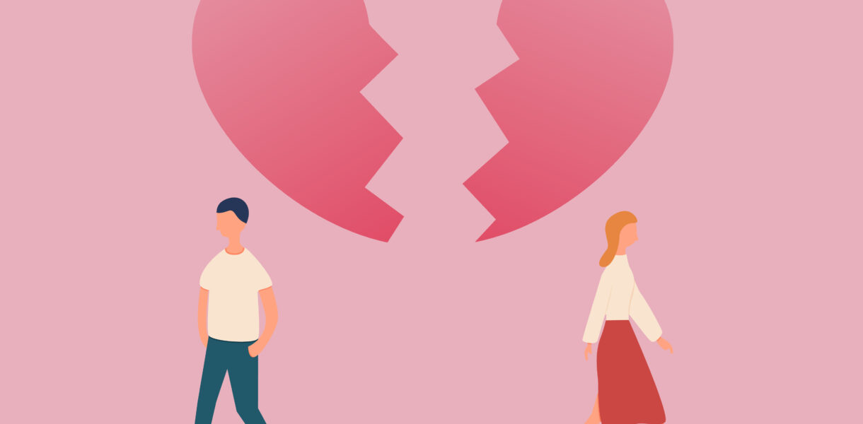 a couple walk away due to breakup under a heart is breaking, end of relationship concept illustration