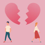 a couple walk away due to breakup under a heart is breaking, end of relationship concept illustration