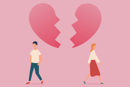 a couple walk away due to breakup under a heart is breaking, end of relationship concept illustration
