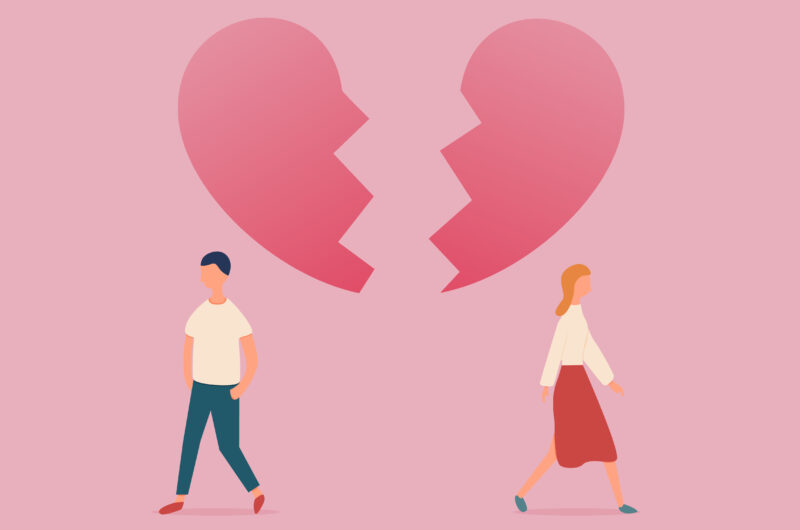 a couple walk away due to breakup under a heart is breaking, end of relationship concept illustration