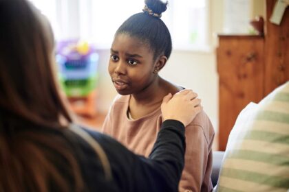 psychologist woman and support, talking or counseling help for problem, mental health or therapy consultation. Listening, empathy and therapist person, african teen for school or life advice