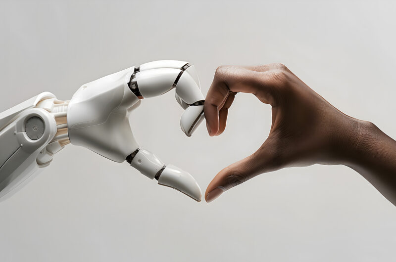 A white ai robot hand and a black human hand come together to form the shape of a heart. Heart shaped by human and ai robot hands. Isolated on light grey background.