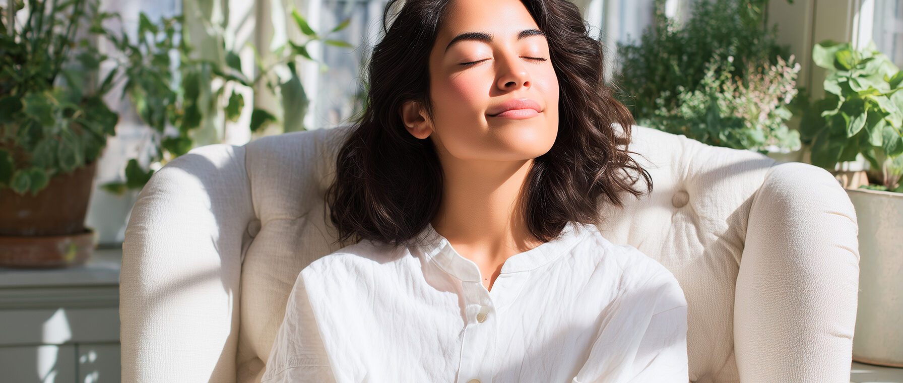 Relaxed woman enjoying sunlight indoors