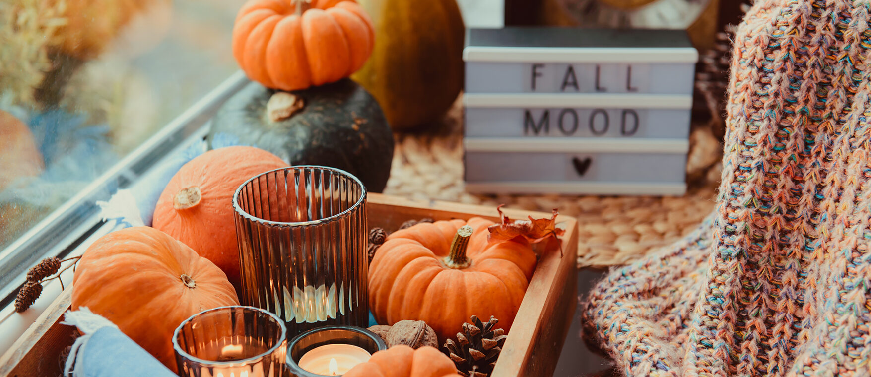 Autumn cozy mood composition on the windowsill. Pumpkins, cones, candles on wooden tray, blurred Fall mood message on lightbox, warm plaid. Autumn, fall, hygge home decor. Selective focus. Copy space