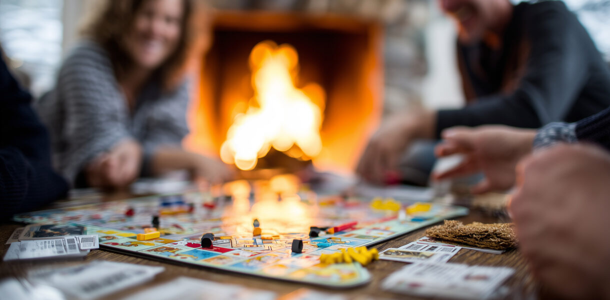 unplug for the holidays, screen-free Thanksgiving, be present at Thanksgiving, digital detox tips, Family playing board games by fireplace after Thanksgiving dinner, cozy autumn vibe, laughter and fun