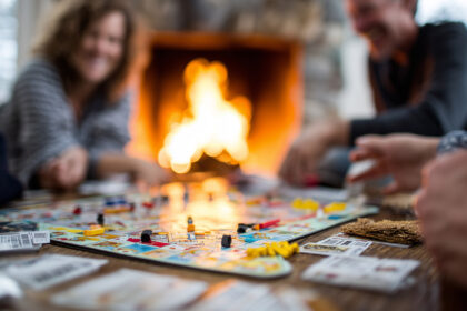 unplug for the holidays, screen-free Thanksgiving, be present at Thanksgiving, digital detox tips, Family playing board games by fireplace after Thanksgiving dinner, cozy autumn vibe, laughter and fun
